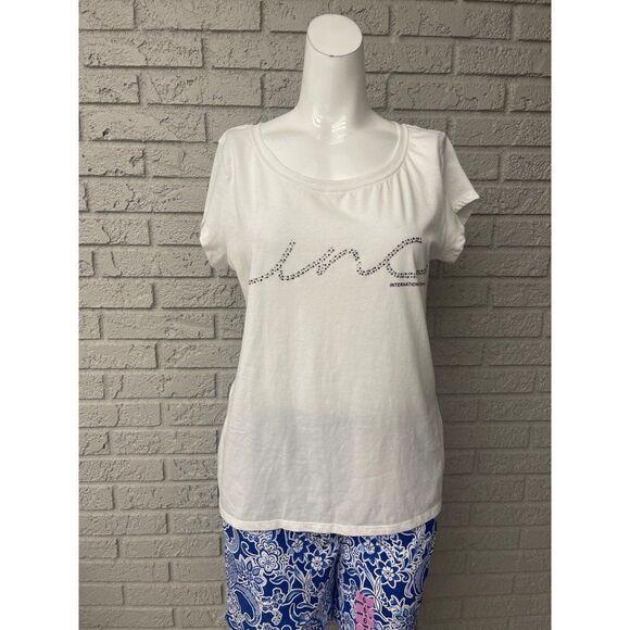 INC International Concepts White Rhinestone Short Sleeve T-Shirt Size L - Picture 1 of 8
